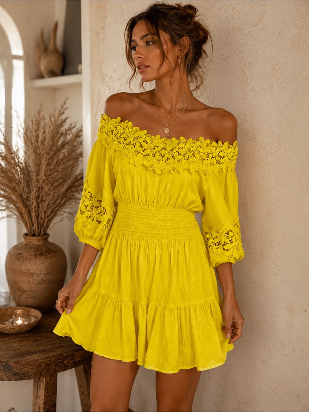 Gianni Bini Yellow Off Shoulder Lace Trim Boho Peasant Spanish Vaca Mini Dress